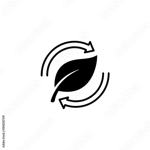 Environmental friendly organic leaf with surrounding recycle arrows icon symbol for sustainability, ecology, and nature concepts isolated on transparent background
