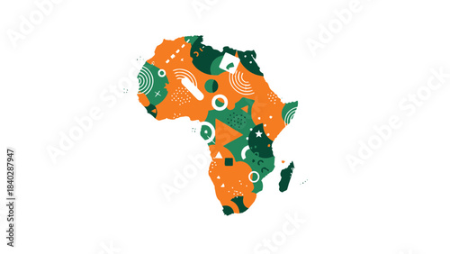 Vibrant abstract illustration of the continent of africa filled with a playful pattern of geometric shapes and organic motifs in orange and green against a clean white background