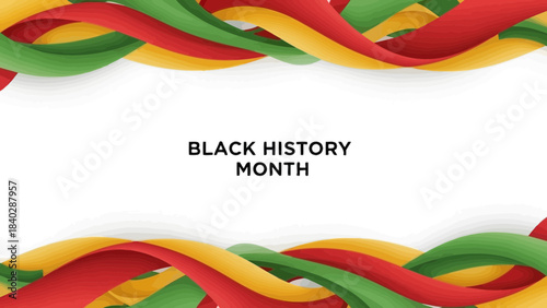Celebrate black history month with vibrant red green and yellow wavy ribbons framing the text black history month on a clean white background
