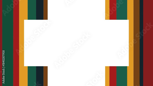 Abstract vertical stripes in warm earthy tones and deep greens create a decorative border framing a central white copy space for text or images