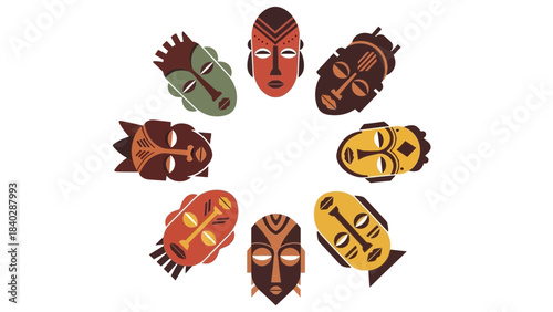 A vibrant circular arrangement of diverse african tribal masks in warm earthy tones and green symbolizing culture heritage and tradition on a clean white background