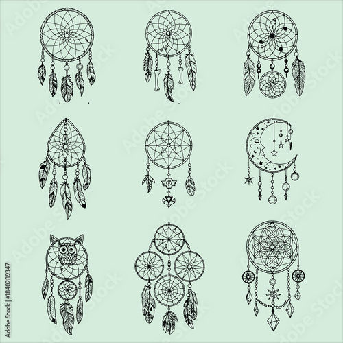 Stunning set of nine unique dream catcher line art designs