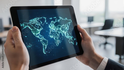 Global Connectivity - Man Holding Tablet Displaying World Map.