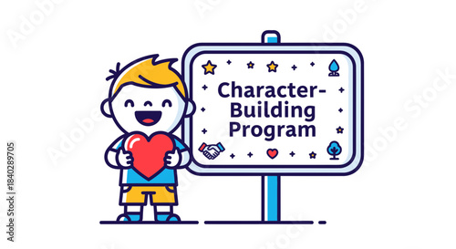 Joyful Boy Embraces Heart Symbol Next To Character Development Program Sign