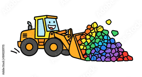 Joyful Bulldozer Transporting Colorful Geometric Shapes with Cheerful Expression