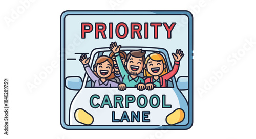 Joyful Carpool Ride In Priority Lane: Happy Passengers Waving And Excited