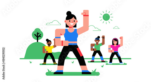 Joyful Outdoor Fitness Session Demonstrating Group Exercise And Energetic Routine