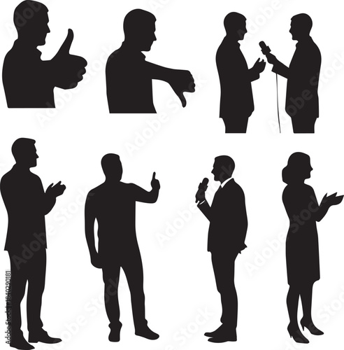 Professional silhouette interaction graphics illustrating communication, feedback, and public speaking in various business and media settings