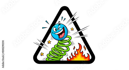 Joyful Smiling Ball on Spring Bouncing Inside a Triangle with Flames and Stars