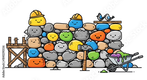 Joyful Stones Building A Funny Wall With Hard Hats, Wheelbarrow And Birds