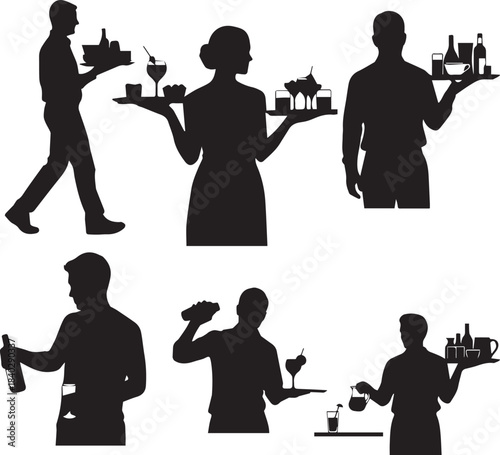 Collection of diverse silhouettes showcasing hospitality staff, including waiters and waitresses, carrying trays with drinks and food, representing various service roles in restaurants and events