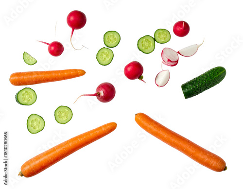  Sliced Cucumbers and Radishes Scatter, Flat Lay Composition with Vibrant Whole Carrots, Isolated on Transparent PNG Background