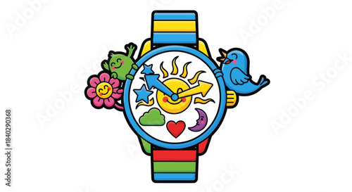Joyful Timepiece Featuring Playful Characters Depicting Celestial and Earthly Elements