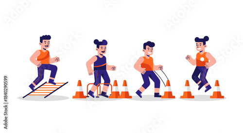 Illustration Of Athletes Practicing Agility Drills With Hurdles And Cones In Training