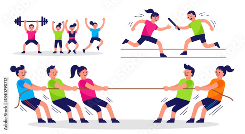 Illustration Of Diverse Sports Activities Depicting Relays Tug-Of-War and Weightlifting