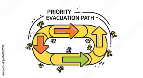 Illustration Of Evacuation Route With Running People And Paw Prints For Security