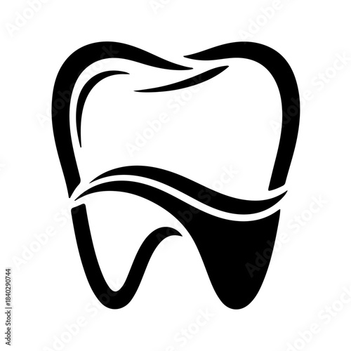 Stylized black and white tooth icon with flowing wavy lines, ideal for dental care, oral hygiene, and professional dentistry services branding. isolated on transparent background