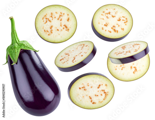  Whole and Sliced Eggplant Arrangement, Studio Lighting, Isolated on Transparent PNG Background