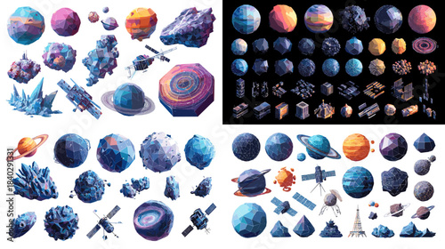 Colorful space collection featuring planets, satellites, asteroids, crystals, and cosmic elements. Perfect for sci fi themes, educational visuals, game design, and astronomy illustrations.