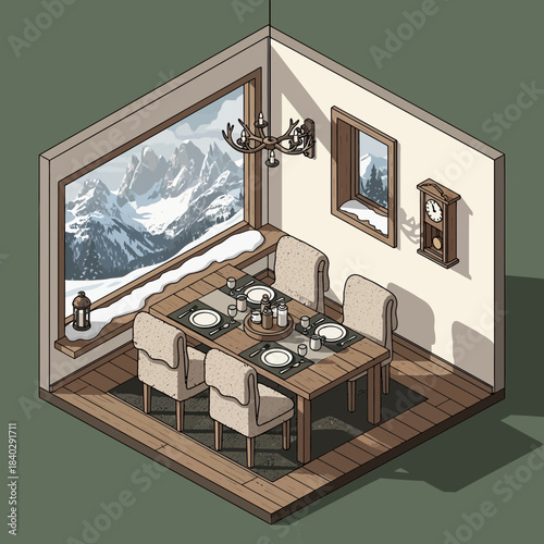 cozy dining corner with mountain view and elegant decor on a wooden floor