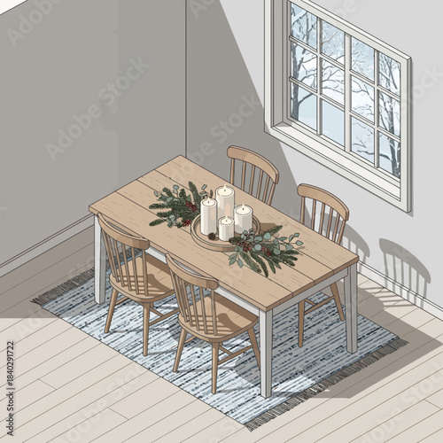 Cozy dining room setup with a wooden table, six matching chairs, a window view of snow-covered