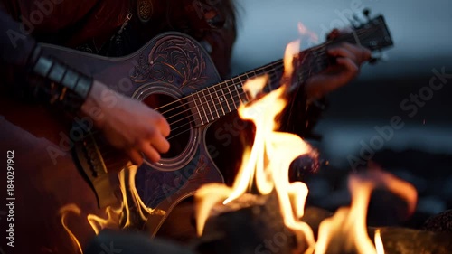 Acoustic Guitarist Playing by a Warm Campfire at Night.
