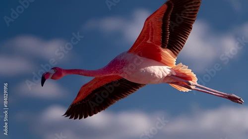 Graceful Pink Flamingo Soaring Through a Bright Blue Sky with Clouds.