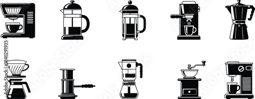 Collection of vintage and modern coffee makers and grinders in black and white