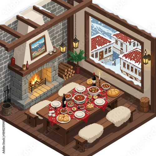 Cozy rustic dining room decorated for winter with a warm fireplace and festive table set up for