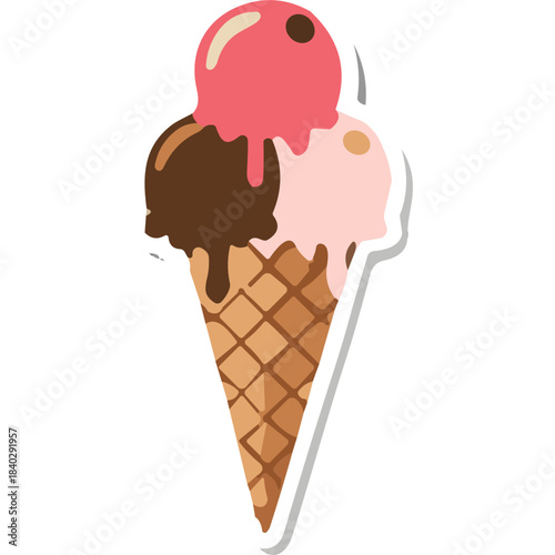 Three scoops of ice cream chocolate strawberry and vanilla flavors in a waffle cone with dripping melting sweet dessert on black background studio lighting