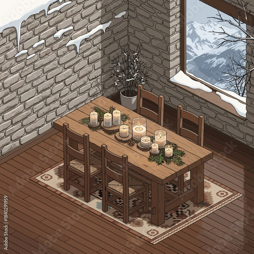 Cozy rustic dining room decorated for winter with candles and a snowy outdoor view
