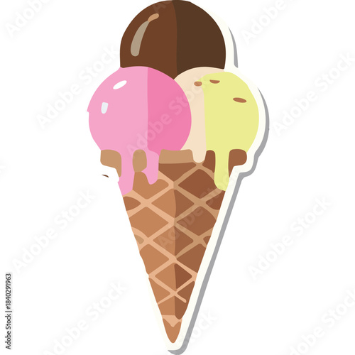 Three Scoop Ice Cream Cone With Pink Chocolate And Vanilla Flavors Melting In A Waffle Cone With A Chocolate Drizzle On Top On A Plain Background