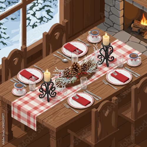 Cozy rustic dining room table set for a winter holiday meal with pinecones and candles