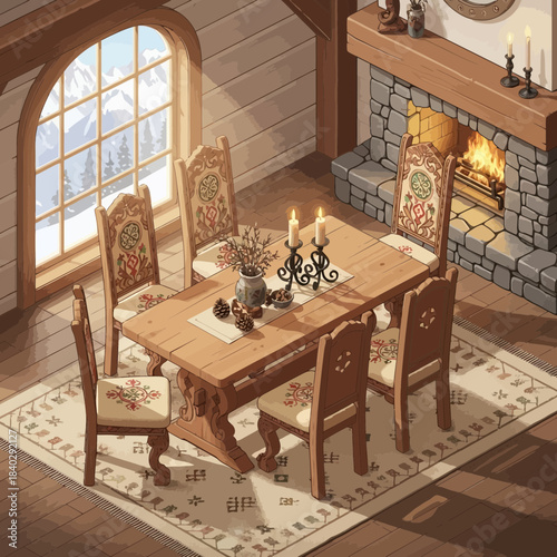 Cozy rustic dining room with wooden table, elegant chairs, and a warm fireplace creating a