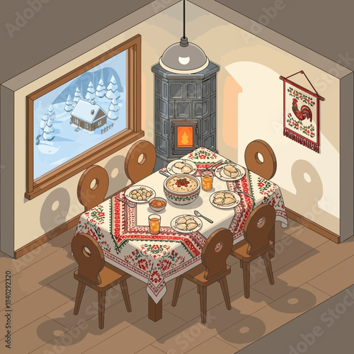 Cozy traditional dining room with festive table setting and winter scenery outside window