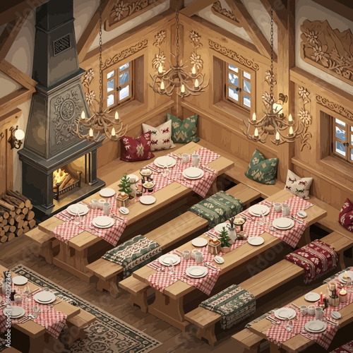 Cozy traditional dining room with rustic wooden furniture and classic decor