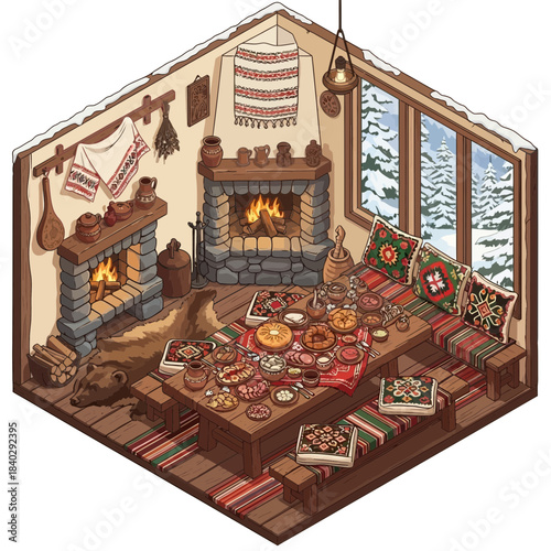 Cozy winter cabin interior with fireplace and festive table setting for holiday gatherings