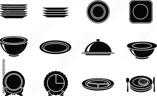 Black and white collection of dinnerware and serving dishes isolated on white background