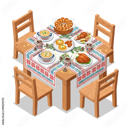 Traditional festive table setting with a variety of delicious homemade dishes and wooden chairs