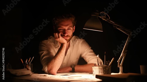 Man working late at desk under lamp.