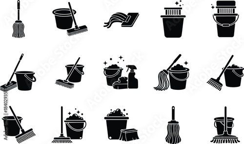 Black silhouette icons depicting various cleaning tools and supplies for household chores