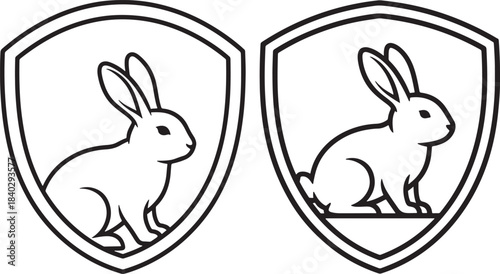 Two stylized black and white line art rabbits inside shield emblems facing opposite directions
