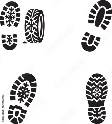   Winter boot prints with snowy ground texture silhouettes ideal for cold-season vector designs.