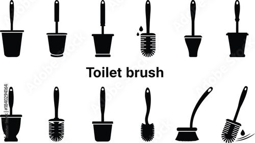 Collection of black silhouette toilet brushes in various styles and designs isolated on white
