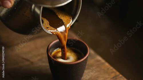 Pouring fresh coffee into a cup on wooden table
