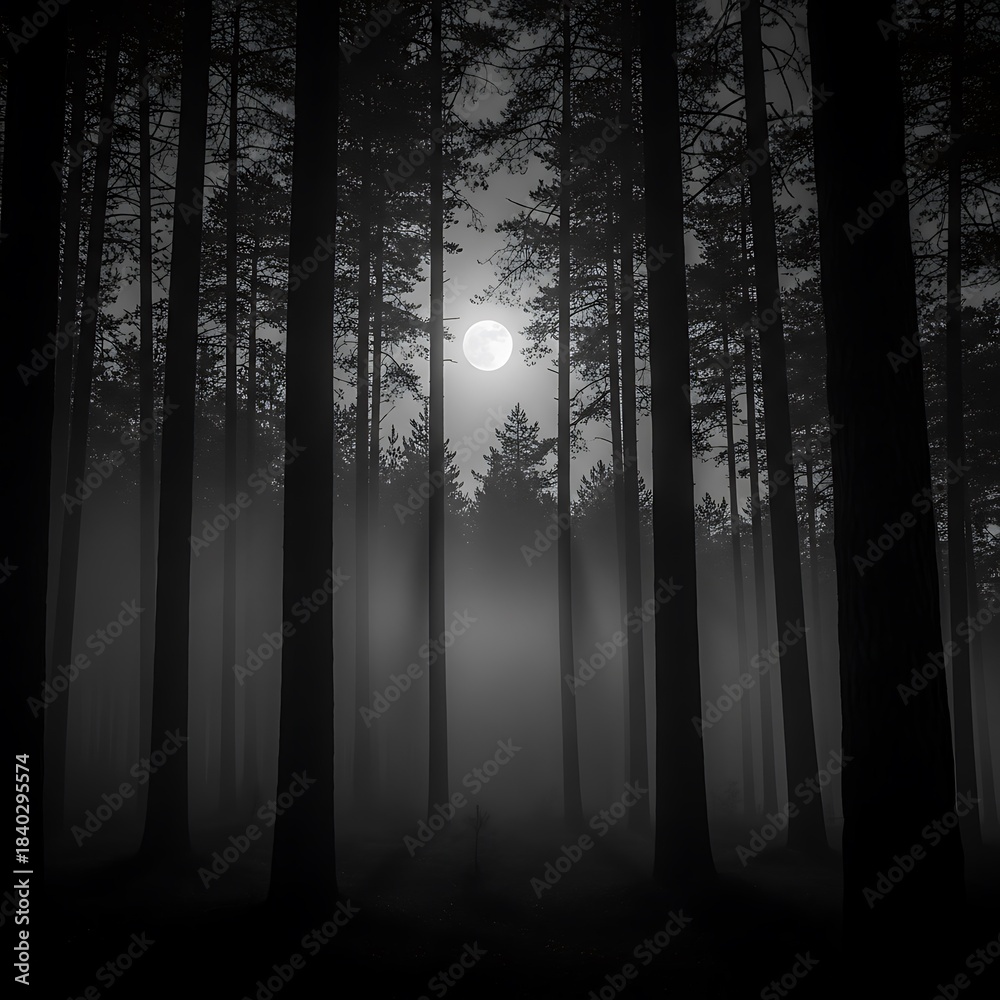 Fototapeta premium Moonlit Forest - A Tranquil Night Scene in Black and White.