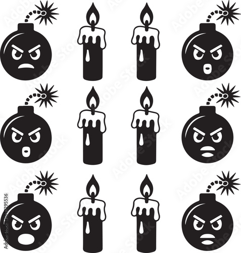 Set of Angry Face Bomb and Candle Icons