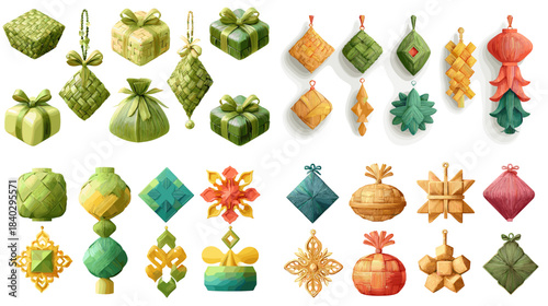 Colorful ketupat decorations and festive ornaments traditionally used during Eid celebration. Ideal for Ramadan greetings, holiday banners, cultural designs, and decorative Islamic artwork.