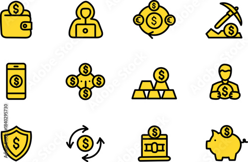 Financial Icons Set in Yellow Line Style for Money, Banking, Investment, and Digital Finance Concepts