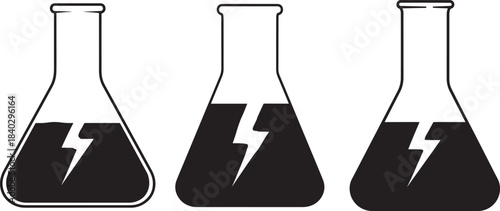 Three laboratory flasks with lightning bolt symbols representing energy and science